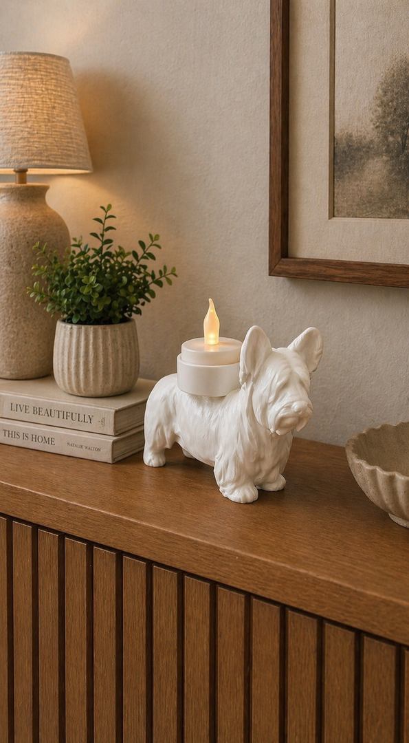     Witte Skye Terrier hond waxinelichthouder op houten kast in sfeervolle huiselijke omgeving.
