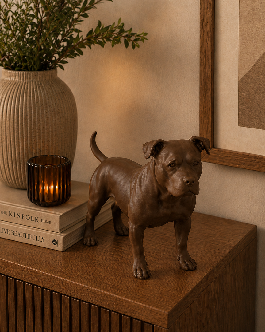 Bruin Staffordshire Bull Terrier decoratiebeeld als stijlvolle interieurdecoratie