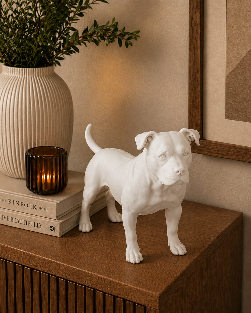 Wit Staffordshire Bull Terrier hondenbeeld voor modern interieur