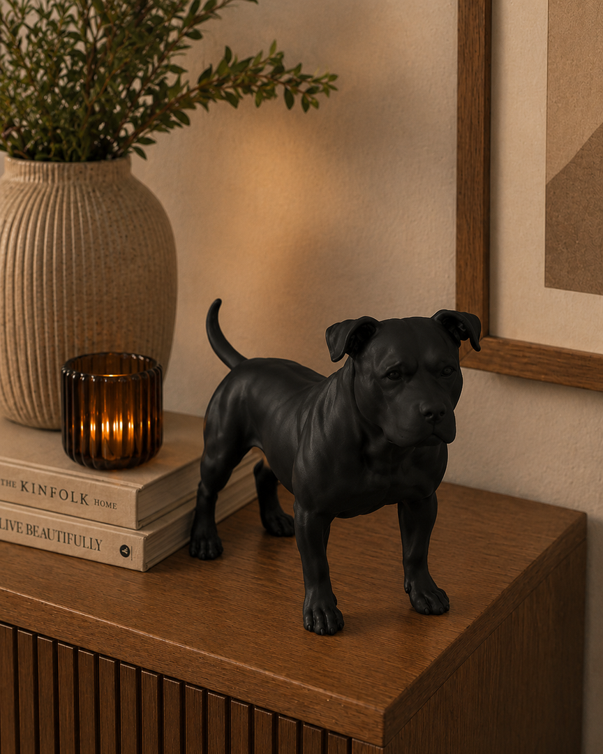 Zwart Staffordshire Bull Terrier hondenbeeld als moderne woondecoratie