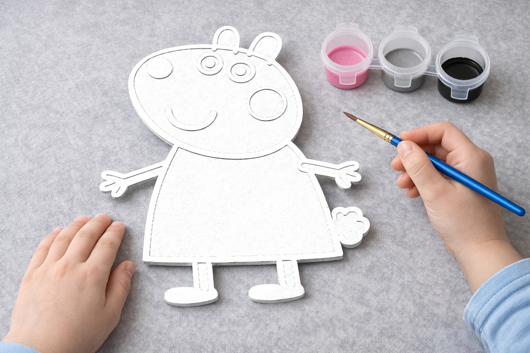 Suzy Sheep verfbaar figuur uit Peppa Pig met verfpotjes en penseel, creatieve knutselset voor kinderen van Hunoba Creative.