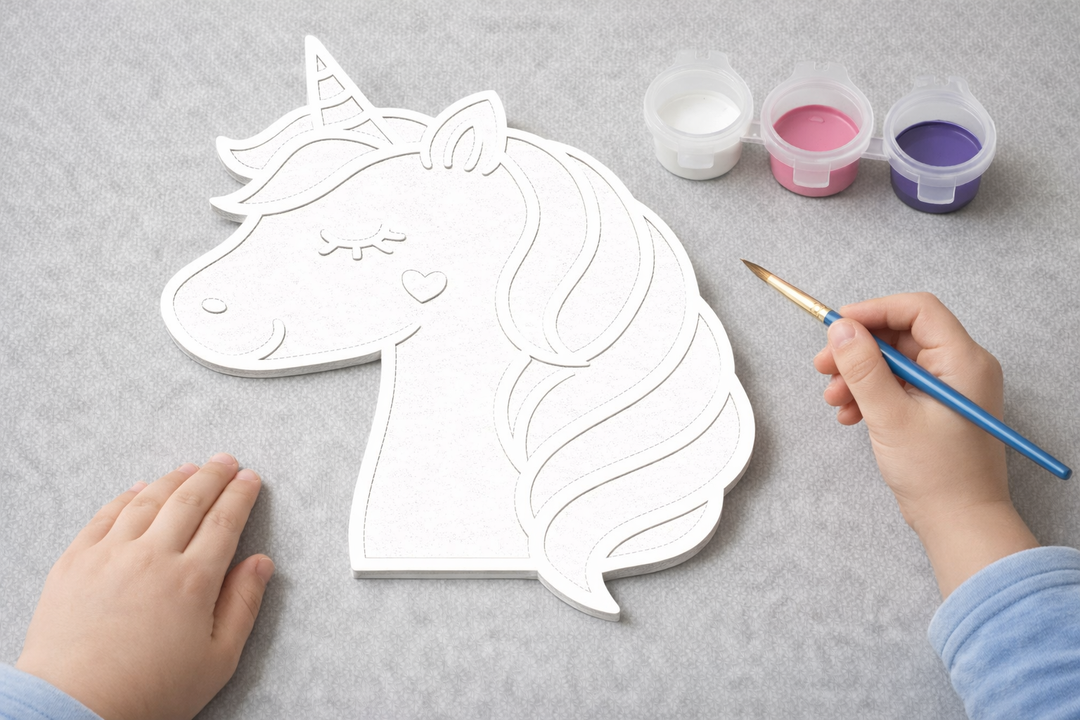 Kind schildert verfbare eenhoorn figuur 3D-geprint DIY knutselobject van Hunoba Creative
