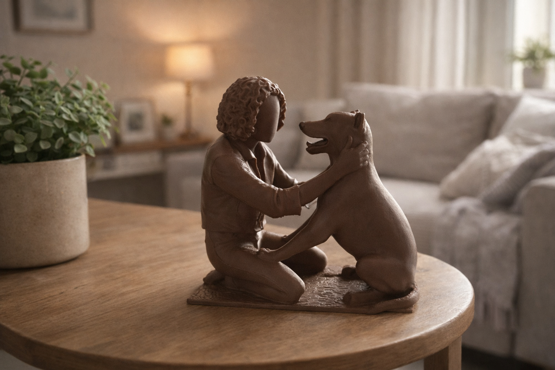 Bruin vrouw met krullen en hond beeld op bijzettafel naast bank in sfeervolle woonkamer.