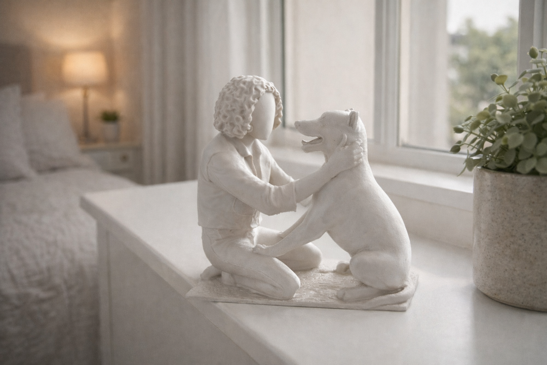 Wit vrouw met krullen en hond beeld op vensterbank in slaapkamer met zachte natuurlijke lichtinval.