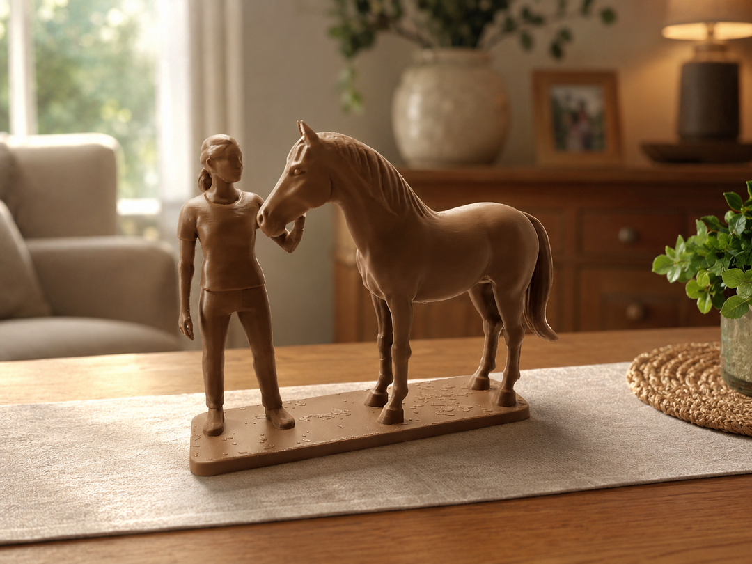 Chocoladebruin vrouw met paard beeldje in warme huiselijke omgeving