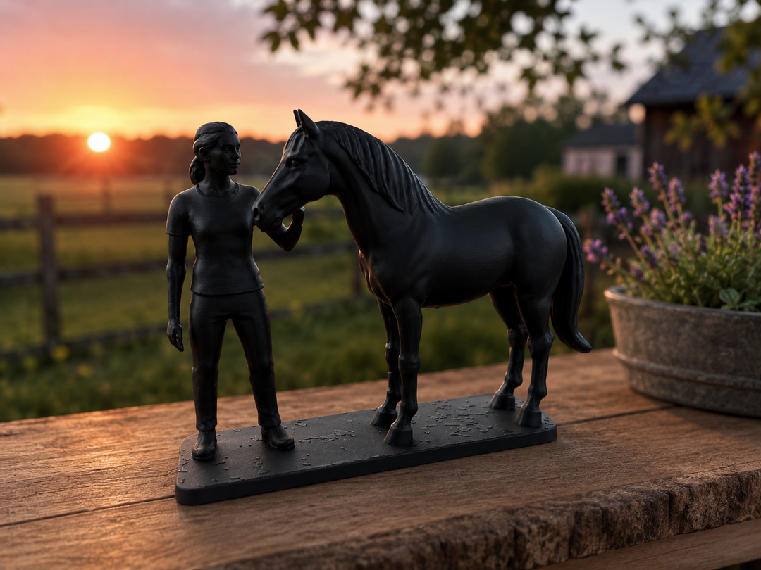 Zwart vrouw met paard beeldje op houten tafel tijdens zonsondergang