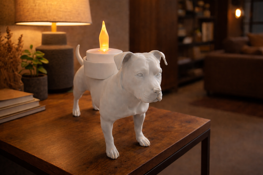 Witte Waxinelichthouder American Staffordshire Terrier met led-waxinelichtje op houten tafel in sfeervol warm interieur.