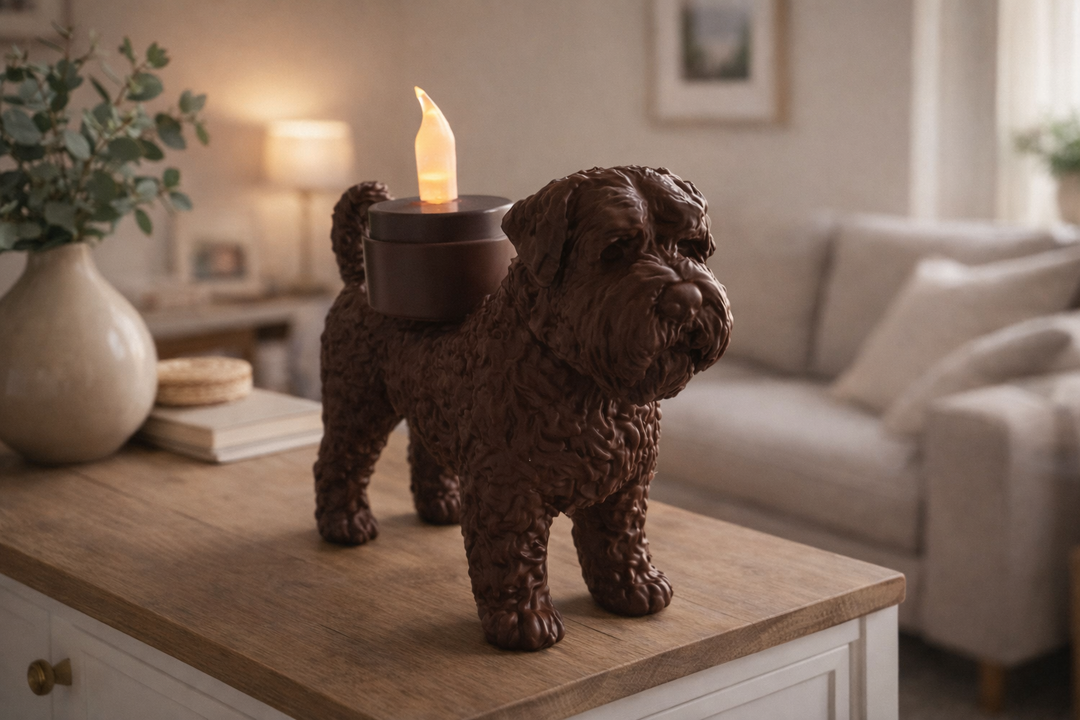 Chocoladebruine Waxinelichthouder Bouvier des Flandres met led-waxinelichtje op meubel in sfeervolle woonkamer.