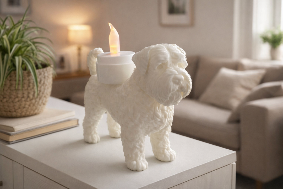 Witte Waxinelichthouder Bouvier des Flandres met led-waxinelichtje op kast in warme huiselijke woonkamer.