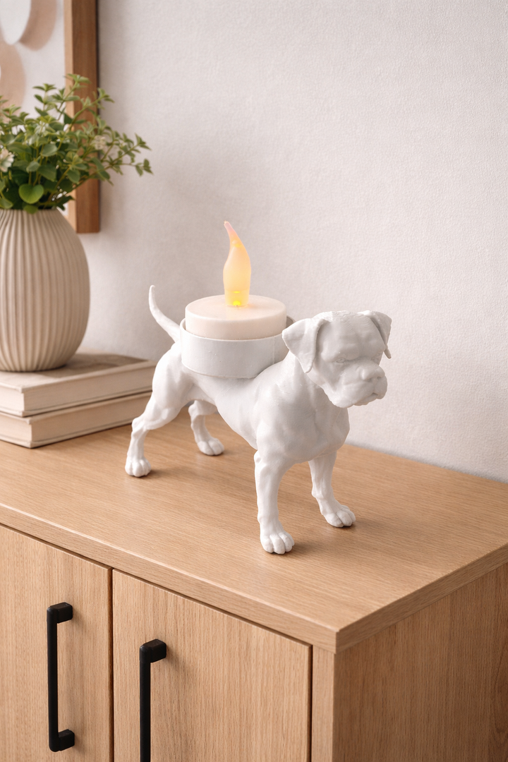 Witte boxer waxinelichthouder op een houten bijzettafel als modern decoratief cadeau.