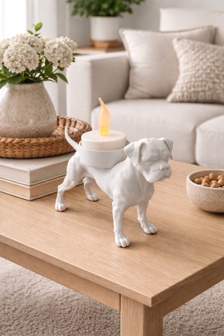 Witte boxer waxinelichthouder als unieke hond decoratie en cadeau in een stijlvol interieur.