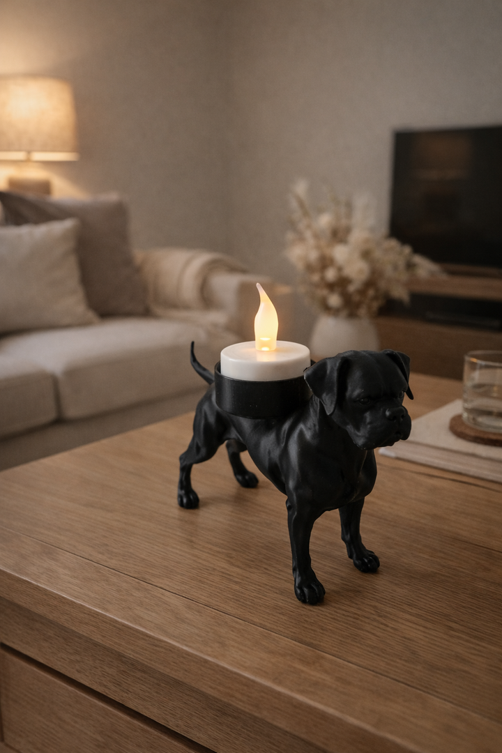 Zwarte boxer waxinelichthouder op een houten tafel in de woonkamer als unieke woondecoratie.