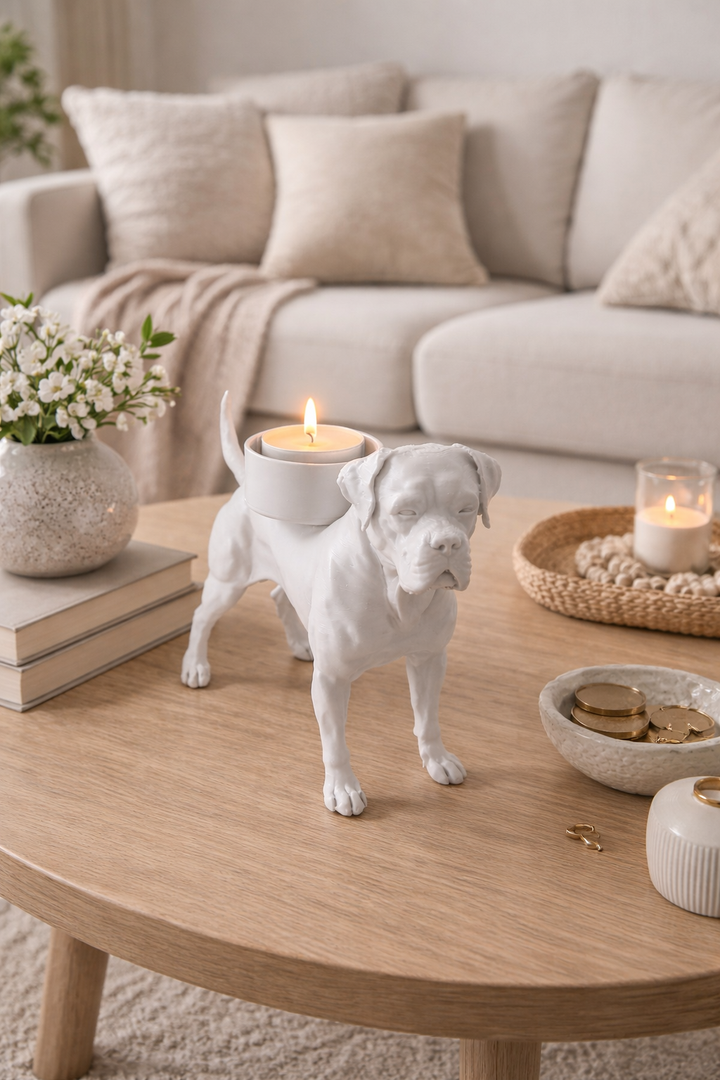 Witte Waxinelichthouder Cane Corso op een houten salontafel in een moderne woonkamer met brandend waxinelichtje.