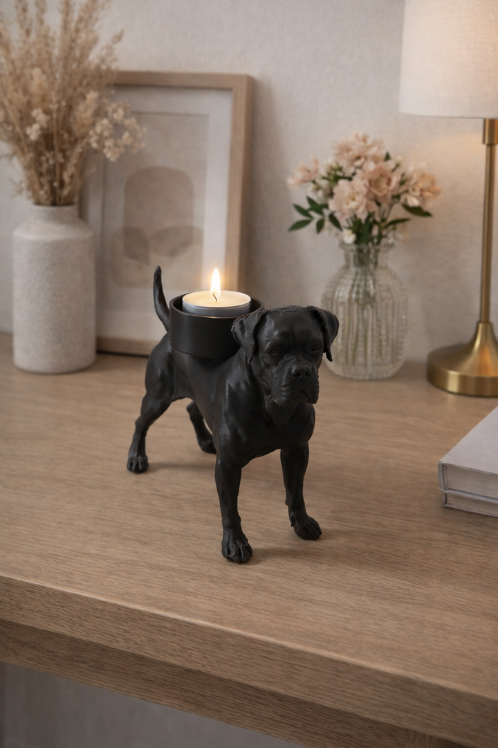 Zwarte Cane Corso waxinelichthouder als stijlvolle woondecoratie op een houten kast met sfeervolle accessoires.