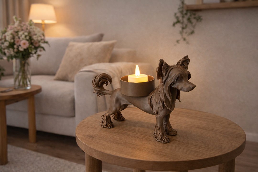 Unieke waxinelichthouder Chinese naakthond op ronde houten bijzettafel met sfeervolle kaarsverlichting