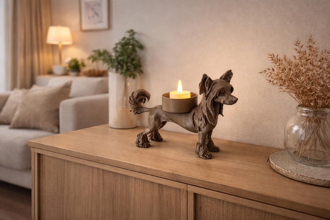 Waxinelichthouder in de vorm van een Chinese naakthond als stijlvolle decoratie op een houten kast in de woonkamer