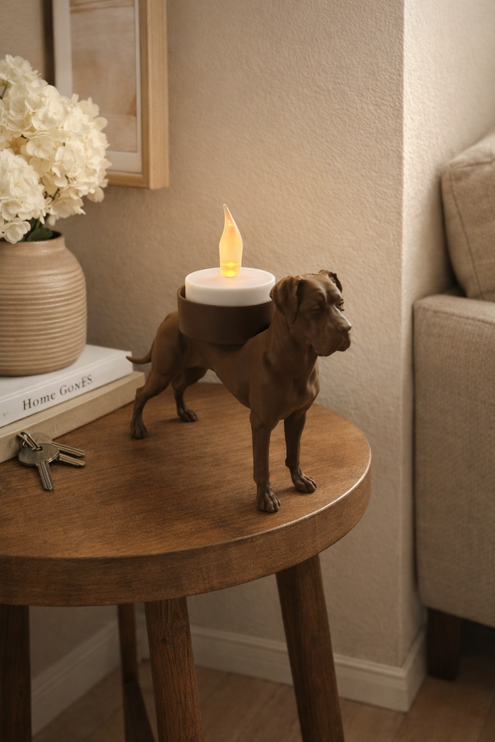 Bruine waxinelichthouder Deense Dog met led waxinelicht op een bijzettafel langs de muur