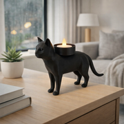 Waxinelichthouder kat op tafel in modern interieur met brandend waxinelichtje