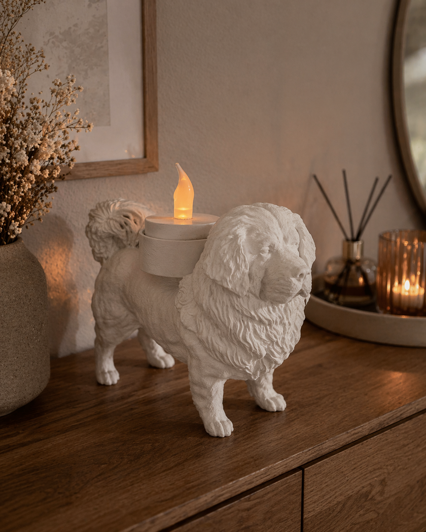 Witte waxinelichthouder Tibetaanse Mastiff op houten kast in sfeervolle huiselijke omgeving