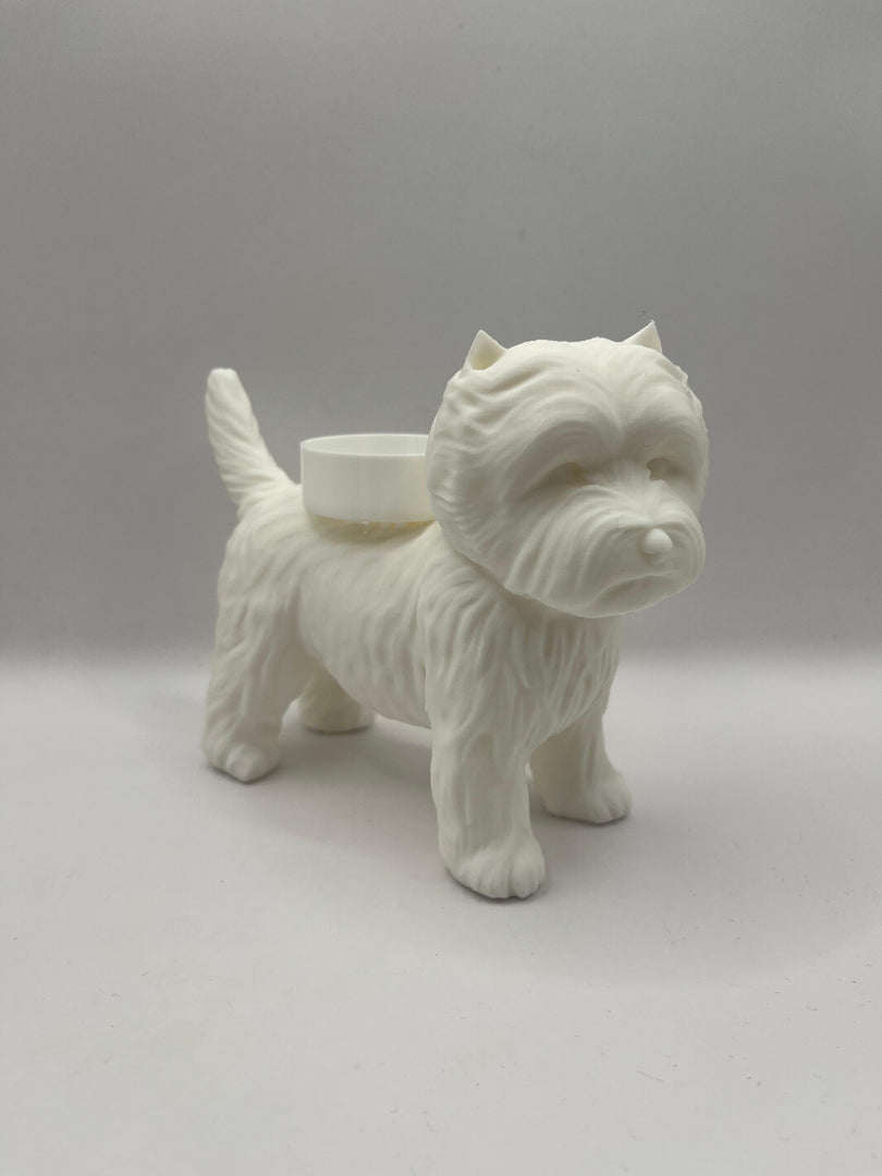 Witte waxinelichthouder in de vorm van een Westie, stijlvolle West Highland White Terrier decoratie en origineel cadeau.