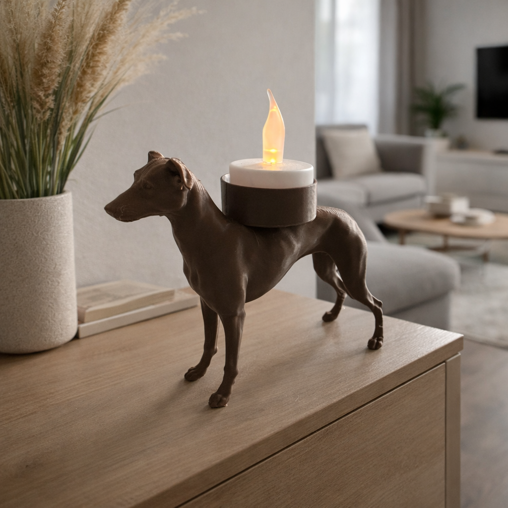 Waxinelichthouder windhond in moderne woonkamer op houten kast met sfeervolle achtergrond.