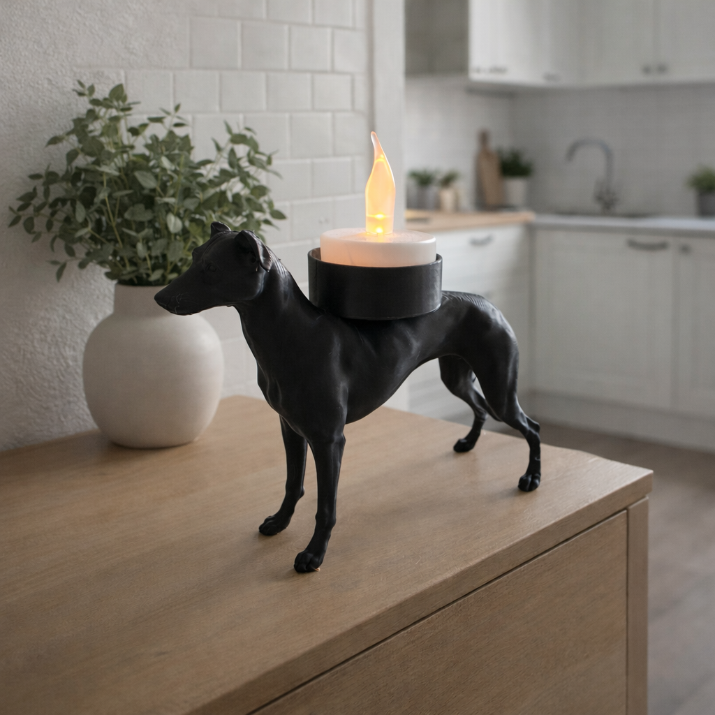 Zwarte waxinelichthouder windhond op tafeltje langs de wand in moderne keuken.