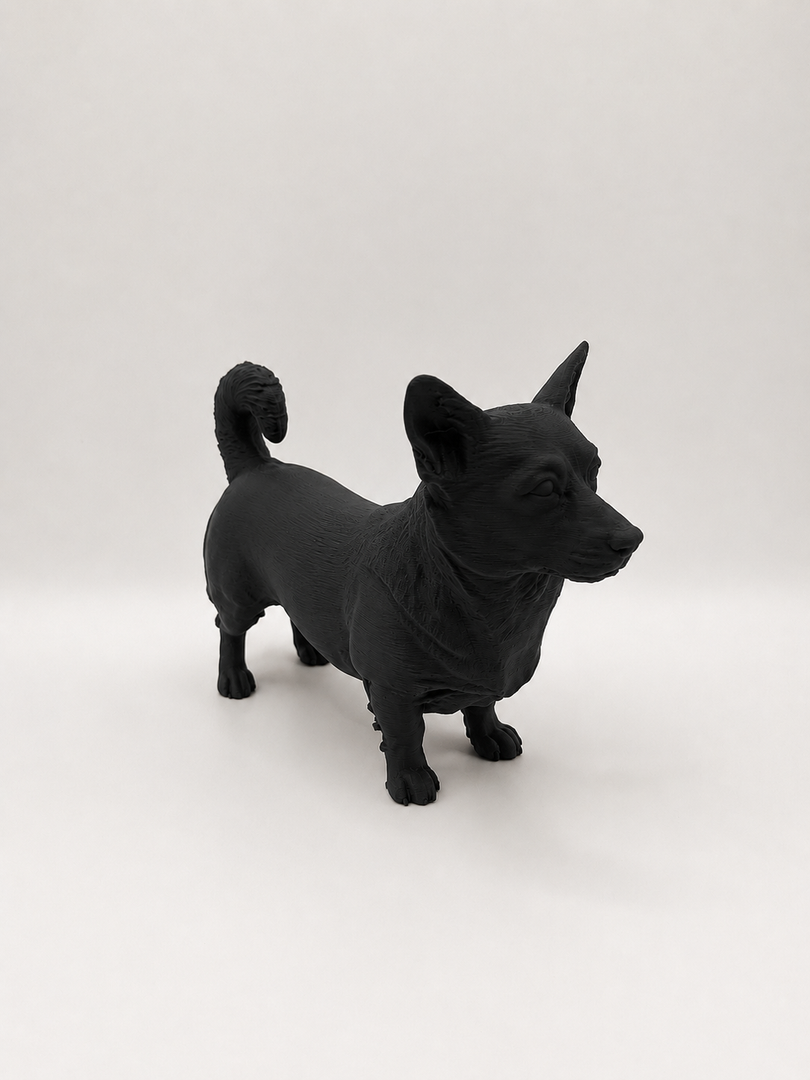 Zwart Welsh Corgi hondenbeeld als moderne woondecoratie