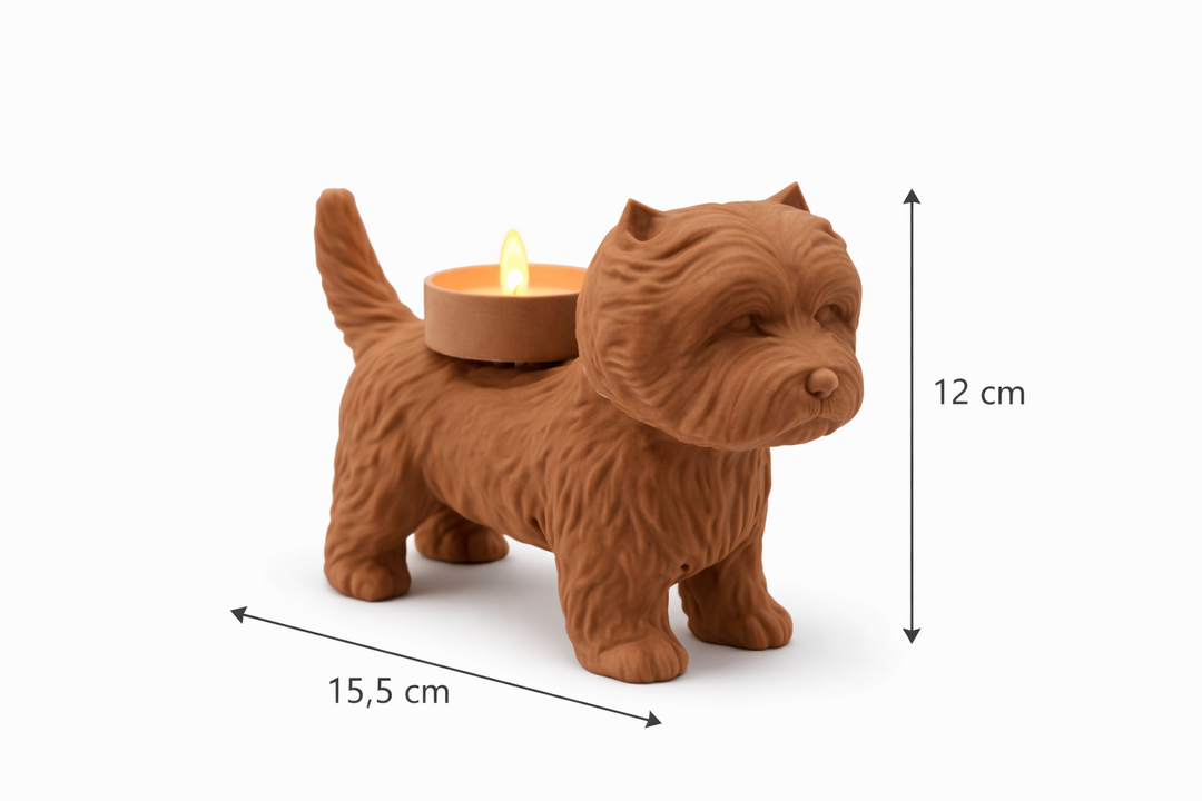 Westie waxinelichthouder met afmetingen 15,5 cm lang en 12 cm hoog