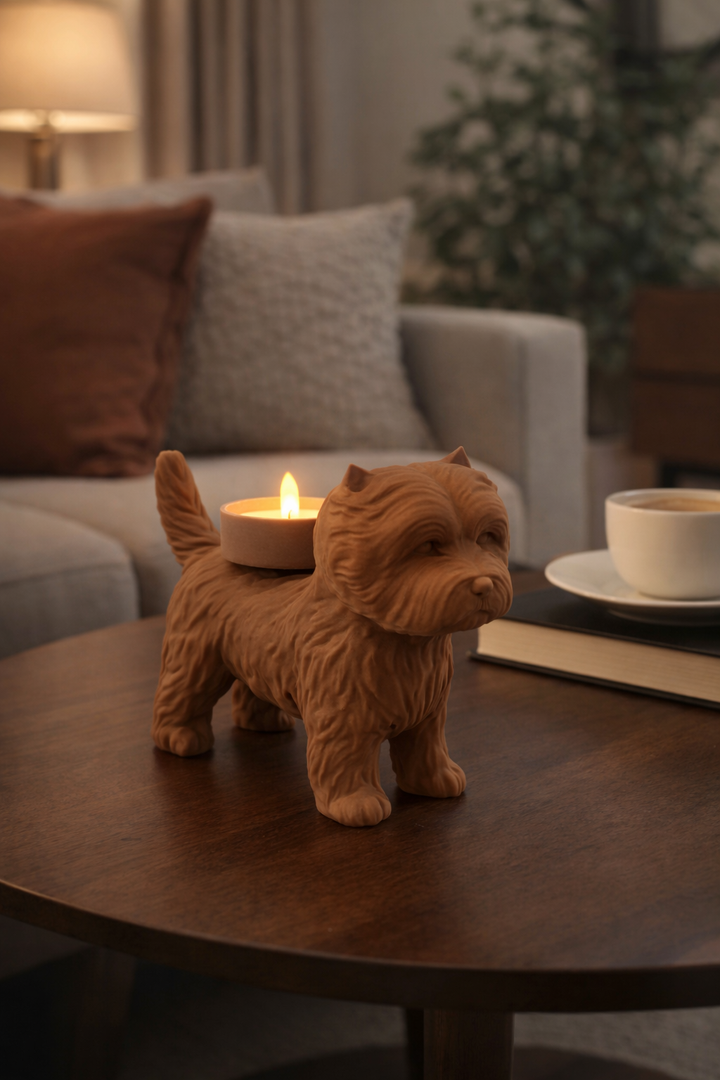 Bruine Westie waxinelichthouder met LED waxinelicht stijlvol geplaatst in warm modern interieur