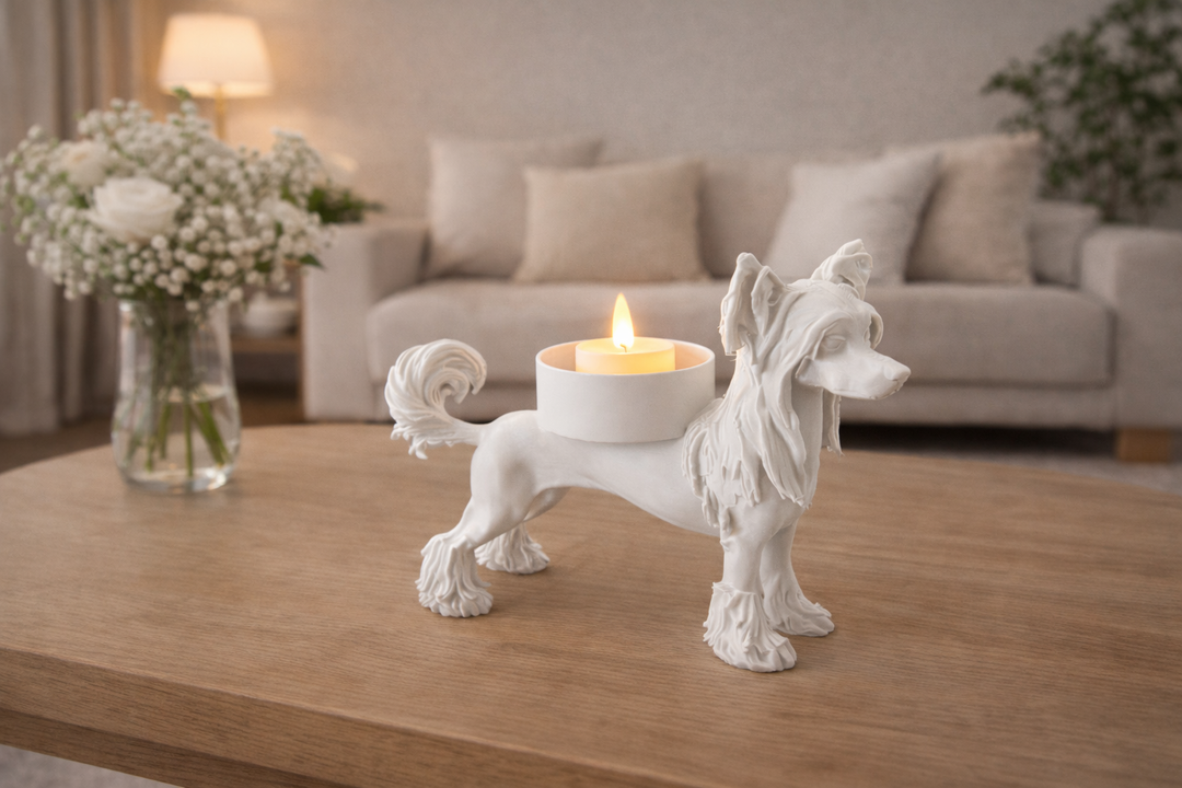 Witte waxinelichthouder in de vorm van een Chinese naakthond als moderne interieurdecoratie