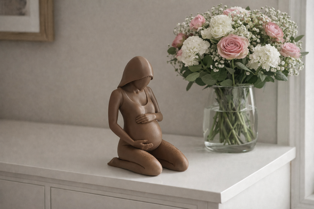 Bruin zwanger vrouw beeld op witte kast met bos bloemen in rustige woonomgeving.