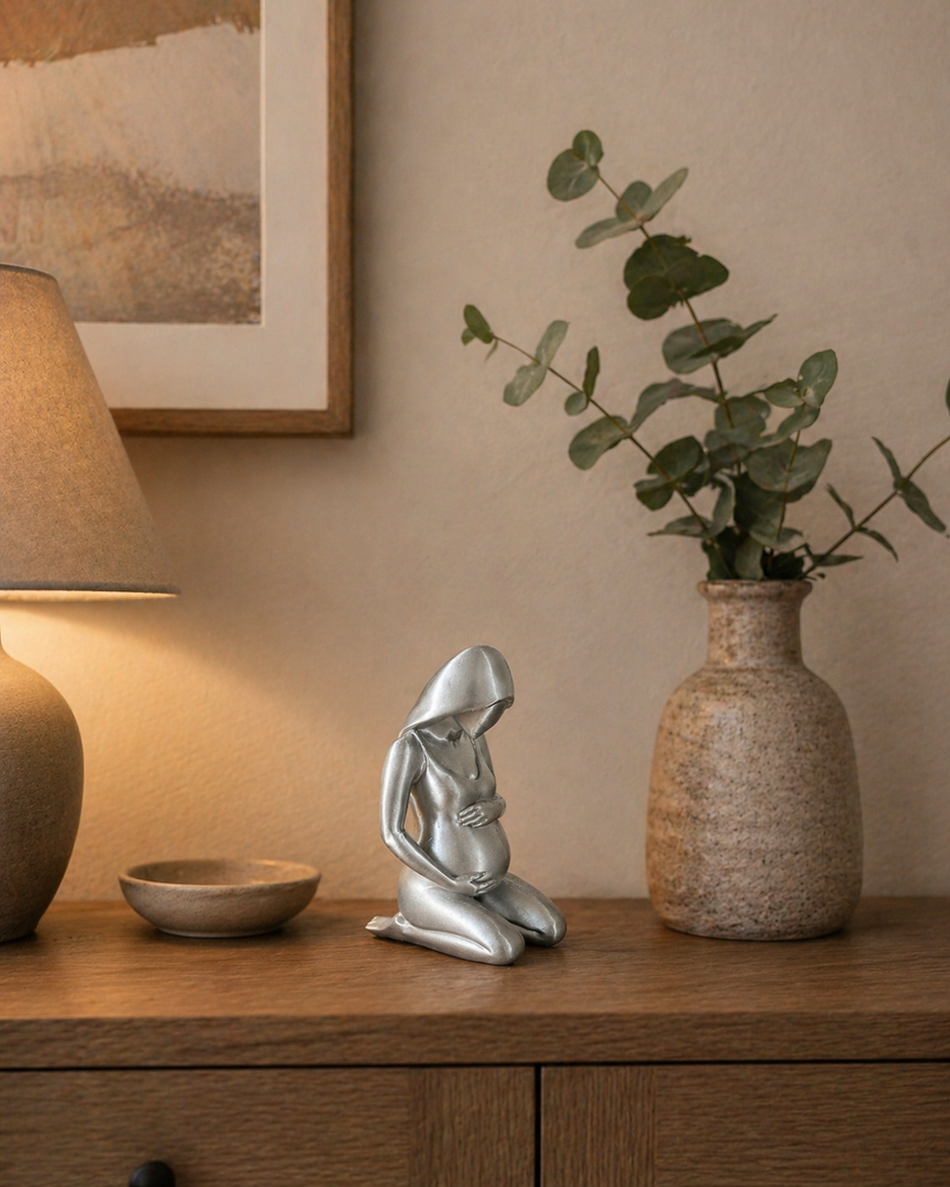 Zilverkleurig zwanger vrouw beeld als modern sculptuur ornament op houten kastje in huiselijke woonkamer setting, stijlvolle woondecoratie voor mama.