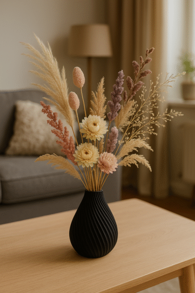 siervaas voor sierbloemen in zwarte uitvoering op houten tafel