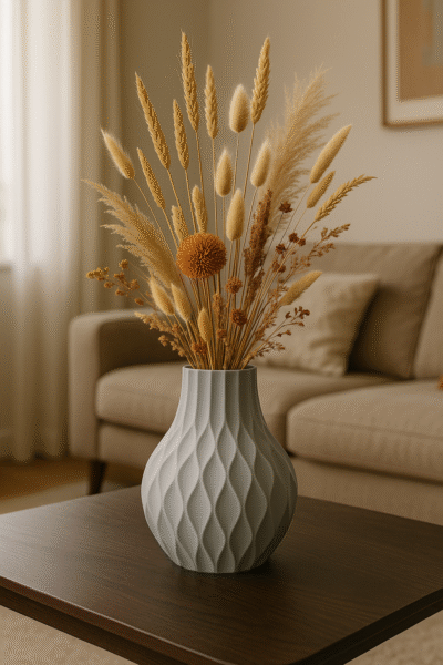 grijze Vormvol siervaas als decoratief object op een plank