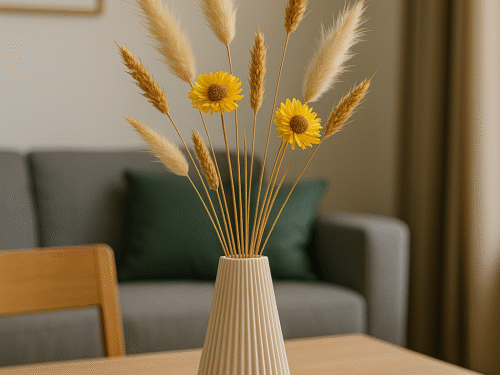 Beige Siervaas hoge Ribbel met droogbloemen