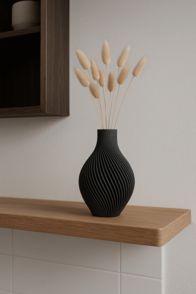 Antracietkleurige spiraalvaas met droogbloemen op een open houten wandplank