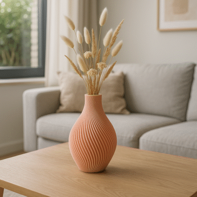 Zalmroze vaas met droogbloemen op een houten salontafel met grijze bank op achtergrond