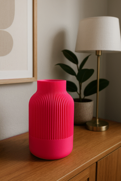 Kleine roze vaas Roza met ribbelstructuur op houten kast