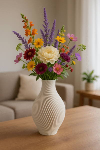 Witte siervaas met bloemen op een ronde houten tafel in een lichte woonkamer
