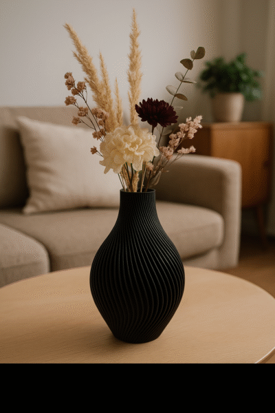 Zwarte siervaas met droogbloemen op een houten salontafel in een lichte woonkamer