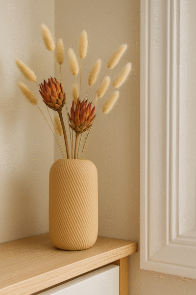 Beige Siervaas Rosella Chic met proteabloemen en bunny tails op een houten kastje bij een deurstijl.