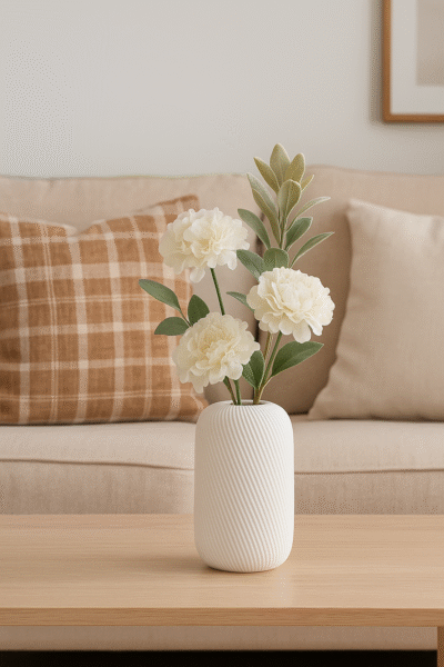 Witte Siervaas Rosella Chic met witte kunstbloemen en blaadjes op een houten tafel voor een beige bank.