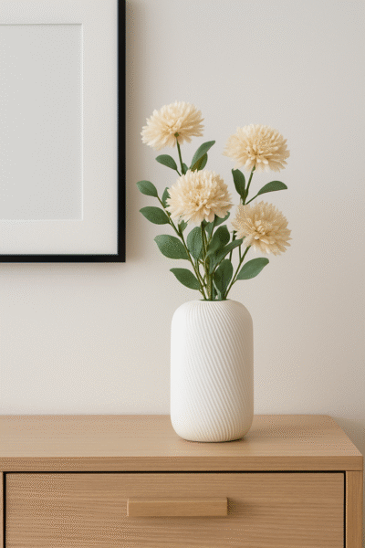 Witte Siervaas Rosella Chic met beige bloemen op een houten dressoir met wanddecoratie erboven.