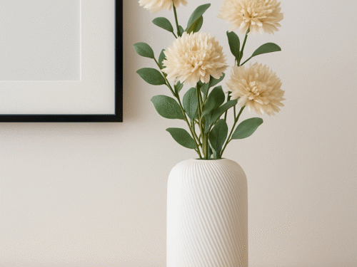 Witte Siervaas Rosella Chic met beige bloemen op een houten dressoir met wanddecoratie erboven.