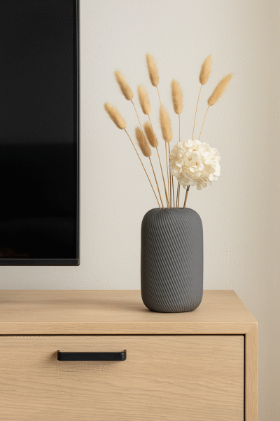 Grijze Siervaas Rosella Chic met droogbloemen op een houten tv-meubel naast een flatscreen.