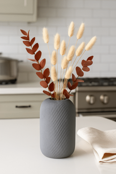Grijze Siervaas Rosella Chic met droog eucalyptus en bunny tails op een wit keukenblad.