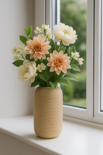 Beige Siervaas Rosella Chic met perzik- en crèmekleurige kunstbloemen op een vensterbank.