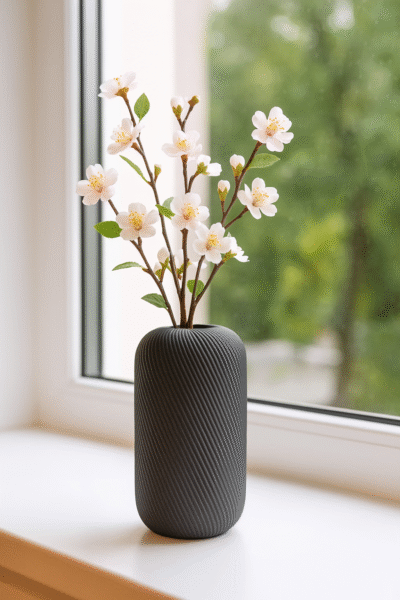 Zwarte Siervaas Rosella Chic met witte hortensia’s op een ronde houten tafel in een lichte kamer.