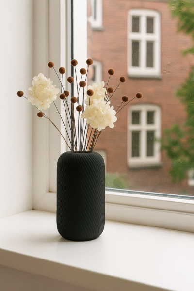 Zwarte Siervaas Rosella Chic met witte hortensia’s en droogbloemen op een witte vensterbank.