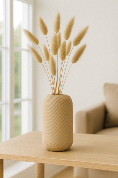 Beige Siervaas Rosella Chic met bunny tails op een houten salontafel voor een lichte bank.